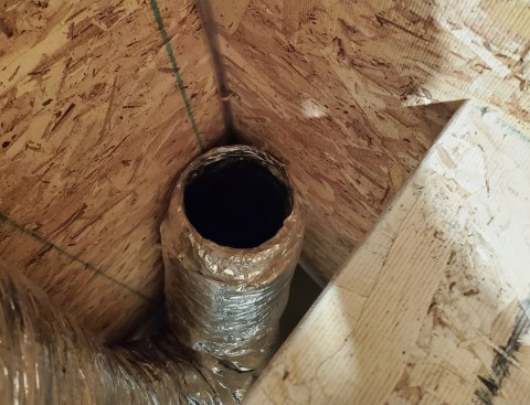 Ducts, like this non-dampered combustion-air supply to a mechanical room, cannot be sealed during a blower door test.