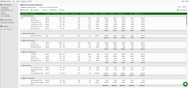 Each Takeoff report has pricing attached to it, and prices are included in the “Material and Labor Estimate” for each project.