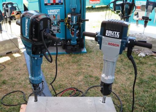 This 70-pound breaker (HM1812) was unveiled early this year at The World of Concrete and is now on the market. Capable of delivering 68 joules of energy, it is said to hit like a pneumatic but with less noise and vibration, and without the need to haul a big compressor. It is being displayed alongside the electric breaker (Bosch Brute) Makita would like to displace as the best-known breaker in this size class. COO: Japan.