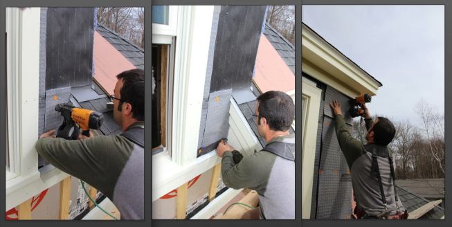Pollard applies Mortairvent rain screen fabric at the bottom of the wall (left), folds up and fastens an insect screen at the bottom (middle), then applies Mortairvent to the upper wall (right). The Mortairvent on the wall face butts to existing Mortairvent already in place under window and eave trim, so that both the trim and the siding on the wall will have an air space behind them to limit moisture intrusion into the underlying wall assembly and promote drying of the painted wood materials as well as the structural wall.