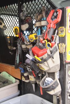 Individual pouches are mounted inside Ryan’s van via their integral clip. Each pouch is outfitted with tools for specific tasks, and can be added or swapped out onto the tool belt as needed.