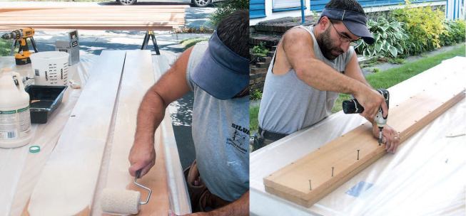 Thick handrail and baluster stock was laminated from 5/4 red cedar. The boards were glued (left) and screwed together (right).