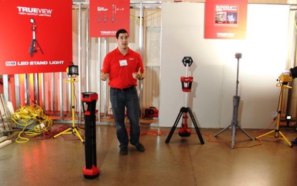 The LED Light Stand is one of the cooler new products unveiled at the media event. It’s a compact folding stand with a powerful LED light powered by an M18 battery. The legs open to form a tripod and the light can be extended to 7’ on a telescoping mast. It’s light, compact, and far more convenient than using a light with a cord. The Light Stand has multiple settings and can produce up to 2,000 lumens. It will be interesting to see what this light costs; the only thing I’ve ever seen like it is an expensive model from Pelican—and its battery is built into the unit. Having used every sort of horrible work light there is, it’s hard for me not to want one of these things. It will be interesting to see what Milwaukee decides to charge for it. 
Click here for video. Available: September 2015.