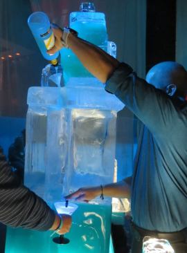 You didn’t think the ice sculpture in the previous slide was just to look at—did you? Of course not! In a feat of engineering second only to that of putting two 18-volt batteries into a single tool, Makita came up with this clever way to chill booze: Pour the drink into a hose that passes through a block of ice and it will be cold when it comes out at the bottom. And as if that were not enough, the drink is served in a glow-in-the-dark martini glass—Makita teal of course.