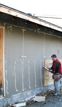 The sheathing was also glued to the foam panels with a low-VOC construction adhesive.