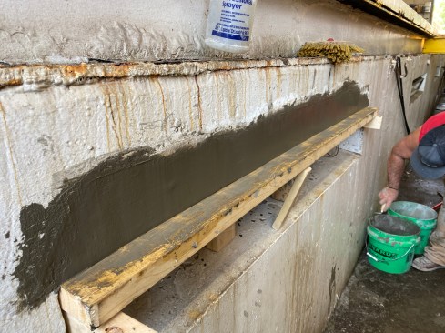 The repair mortar sets up to a strength of 1,500 psi within three hours (13), allowing the crew to strip the form by the afternoon.