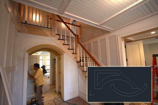On this job, the author produced shop drawings every morning for his staff. He assigned teams to different aspects of the project by handing out detailed drawings and having short conversations. His time in CAD sped up the process, front-loading decision-making in a virtual space, speeding up production, and removing decision fatigue from the carpenters. There were several elliptical arches and complex oval trim details. The CAD drawing (inset) is the CNC file used to cut the arched panel and arched framing.