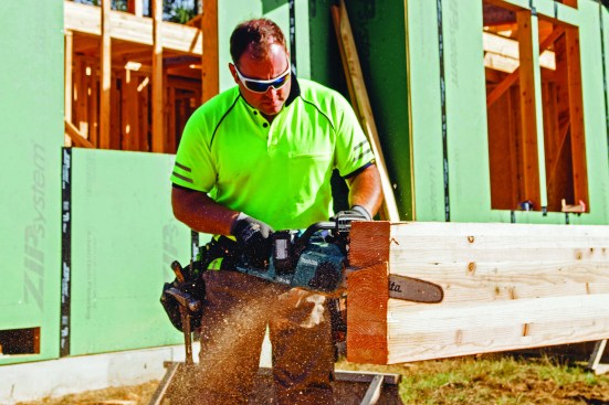 Rough cuts on large beams are easily handled by a cordless chain saw, such as this 36V (dual 18V) Makita.