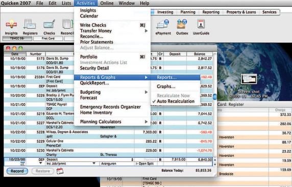To generate a job-cost report in Quicken, click on Reports & Graphs under Activities.