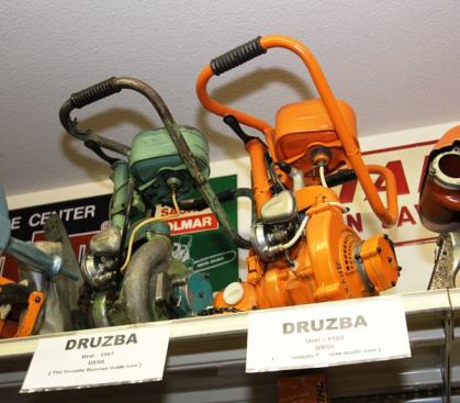 Some friends of Wayne’s went on an expedition to the Murmansk Peninsula (north of the Arctic Circle in Russia) and came back with two Družba chainsaws. Except for the bar, these tools look nothing like chainsaws. The bar can be turned sideways or vertical for cutting and folded out of the way for transport. The pull-starter comes off when not in use. The Družba is a truly bizarre looking gizmo. 
Click here to see one run.