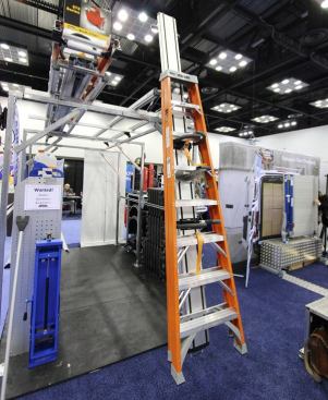 The Gertiu G2000 Ladder Rack System mounts on the roof of a box truck or van. Unlike other systems, where the ladder loads from the side, this one loads from the rear using a mechanism akin to a giant drawer slide. A hook on the end of a pole is used to unlatch the slide and pull it out. Gas pistons take the weight as the slide and attached ladder automatically pivot down. Available in Europe for 20+ years, the system is about to come here. U.S. pricing is not yet available. 
Click here for video.