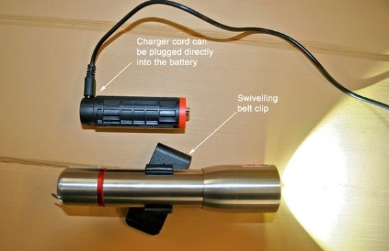 The rechargeable battery can be charged in or out of the flashlight.