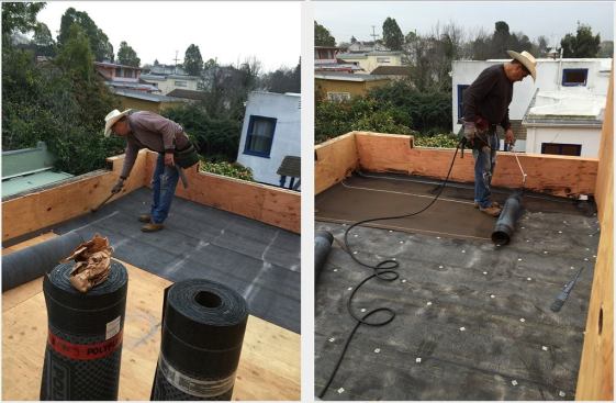 Roofing contractor Martin Toledo installs the base layer of underlayment (left), then proceeds to install a torch-down roofing membrane (right).