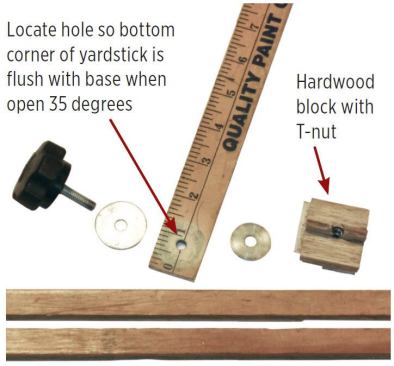 The gauge, which works like an oversized T-bevel, consists of a wood measuring stick (my original one uses a yardstick) fastened to a 36-inch-long strip of 1/2-inch-thick plywood about 1 1/2 inches wide. The plywood strip has a 1/4-inch slot ripped exactly down the middle so that accurate readings can be taken regardless of which way the yardstick is swiveled. The two pieces are joined together with a plastic star knob with a 1/4-inch-diameter stud, a couple of brass washers, and a T-nut sunk into a hardwood block.