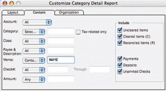 Quicken allows you to save, or "memorize," report formats that you use frequently. For example, in creating a custom category detail report, the author types NAME in the Memo line. Later, after saving the template, he can pull it up, replace NAME with the actual job name, and get the specified record for that job.