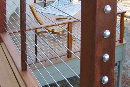 Hardware terminations are used to attach the ends of each cable to a post or to the side of the house. Cables can be bought with pre-attached terminations, or the terminations can be installed on the jobsite. Termination fittings are much of the price of cable rail system. "They're where the expense is," says Kim Katwijk, a deck builder in Olympia Wash. "You can expect to pay more for the fittings than for the wire."