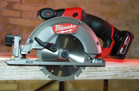 M12 FUEL Cordless Circular Saw (model 2530). This mighty mini brushless tool powered through OSB subfloor with ease, and feels as powerful as some of the 18-volt saws I have tested in the past. The 5 3/8-inch blade provides a 1 5/8-inch depth of cut and the bevel angle adjusts to a full 50 degrees.