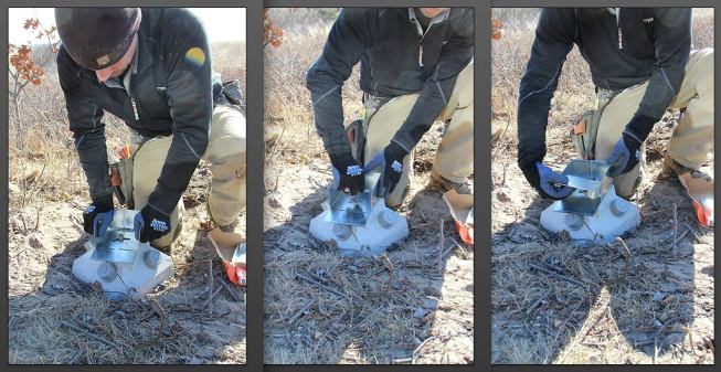 Horgan installs a galvanized Simpson post base connector on top of the newly installed pier, first placing the base (left), then installing a washer and nut over the cast-in-place bolt (center), then inserting a standoff base (right).