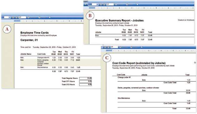 TimeSummit software can organize attendance records into a variety of reports. To help analyze productivity and job costs, data can be sorted by employee (A), job site (B), and cost code (C).