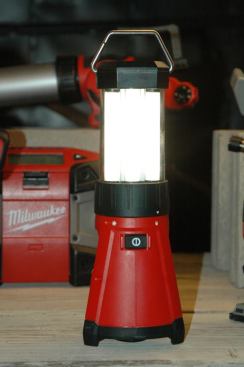 M12 LED Lantern (model 2362). Similar to the 18-volt model shown earlier, the 12-volt max version has three levels of illumination: 400, 200, and 40 lumens, as well as a strobe setting. Runtime is said to be 14 hours on high and 67 hours on low. Light can be focused in one direction (and the back of the lantern darkened) by twisting the lamps one way; twisting them the other way results in even brightness all around the lantern. Available: October 2014. Price: $59.