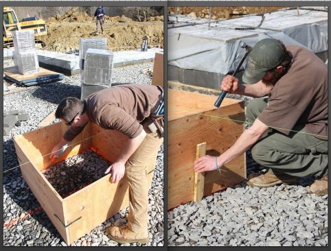 Left, carpenter Casey marks the position of the plywood form onto the trap rock sub-base using orange spray paint. Right, carpenter Matt pounds a stake to secure the form in place.