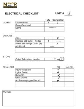 Electrical and plumbing checklists identified the specific work needed in the apartment and made it easy for the subs and crew to communicate with each other.