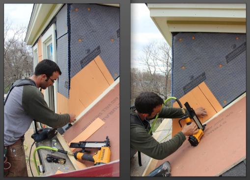 Pollard builds up triple shingle coverage at the base of the cheek wall, first attaching a course of full shingles with the base set parallel to the roof (on a temporary one-inch spacer block), then attaching a course of partial shingles cut on an angle to match the roof.