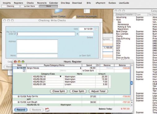 Because Quicken has no labor hour function, the author has set up an account in which he records his crew’s hours as if they were dollars (above). Using split check writing as a workaround, he is able to quickly report the correct hours for each employee to his payroll service while ensuring that the hours get billed to the correct job.
