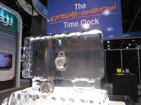 To show how tough their
JobClock is, the folks at ExakTime put the product in water and then froze it into a block of ice. Little did they know that the winter of 2014 would do much the same on construction sites across the eastern half of the country.