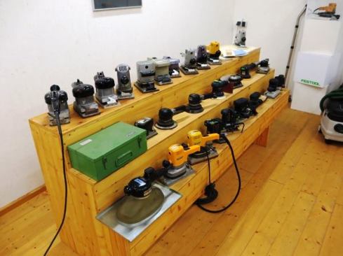 Here’s a closer look at some of the orbital and rotary sanders. According to our guide, any tool with a cord still on it works. I’m not sure how they’ll deal with that question going forward, because for as long as I can remember most Festool products have had removable cords.