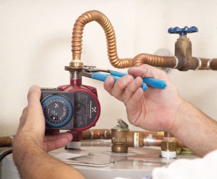 There are also some open-loop systems with special manifolds that allow the cold-water supply to be used as the return line. The pumps shown here are equipped with timers that limit operation to specified periods of demand.