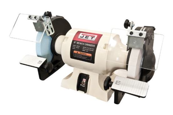 JET 8” Woodworking Bench Grinder (Model #726100) A woodworking grinder runs at half the speed of a typical bench grinder to specialize in sharpening tools without overheating cutting edges. This new grinder comes with upgraded Norton-brand wheels suited for finish grinding instead of rough grinding. --8-inch diameter wheels run cooler and leave flatter hollow-grinds than 6-inch models. --Low 1,725 rpm wheel speed. --Comes with fine grade 80- and 100-grit, 1-inch wide wheels. --1/2 hp motor; 5/8-inch shaft. --Patent-pending oversize tool rests with machined faces and inscribed lines parallel to the wheels. --Tool rests adjust along a 45-degree range marked in 1-degree increments for repeatability. --MSRP: $330