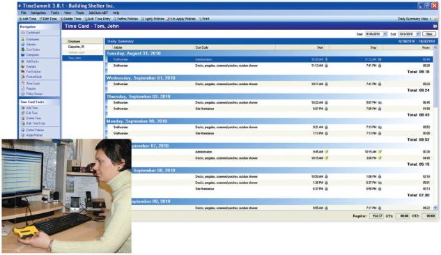 The yellow FastTrakker Pro (left) is used to download time records from the JobClock and transfer them to the system's TimeSummit software, which uses the data to generate detailed time and attendance records (above).