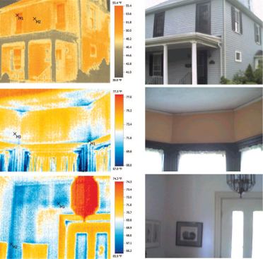 Thermographic imagery revealed empty wall cavities (top), air infiltration around windows (center), and cold spots around framing members like corners and plates (above).
