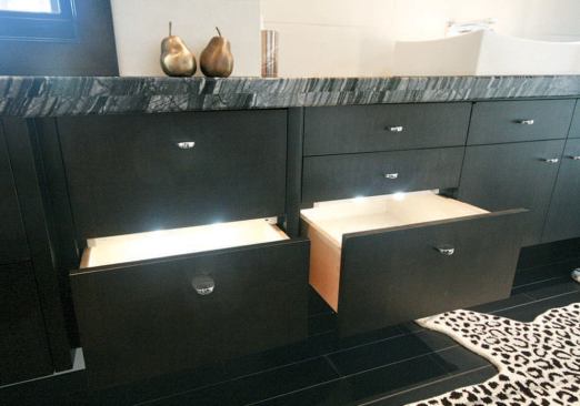The drawers are equipped with LED lighting that turns on automatically when they're opened.