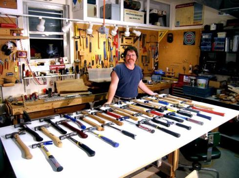 Chaz Arthur in his shop with just a few of his 204 framing hammers, the vast majority of which have never been used. He chose to collect milled face framing hammers because it’s a small enough category for a regular person (someone who is not rich) to assemble a significant collection. As you go through these photos you’ll see he succeeded.