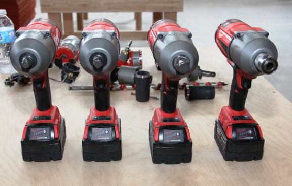 M18 FUEL High Torque Impact Wrenches. You’re looking at four different high-torque impact wrenches (HTIW) that share the same powertrain: battery, electronics, switch, motor, and gear reduction. They differ only in their chucks and impact mechanisms—differences that allow them to optimized to the key applications for each type of tool. From left to right they are the 1/2-inch friction ring model, 1/2-inch pin detent model, 3/4-inch friction ring model, and 7/16-inch Hex Utility Impact Drill (shown here without the hanging ring). See the next few slides for the details of each of these tools.