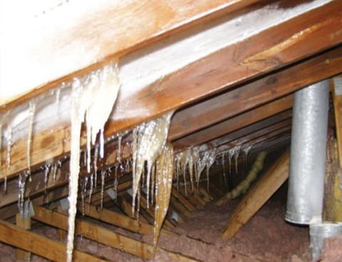 In one home, a disconnected vent pipe led to icicles inside the attic as well as ice dams on the roof.
