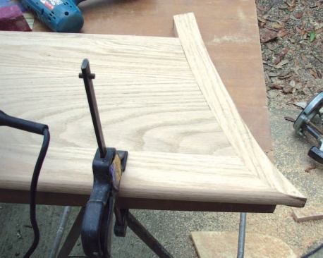Repeat for Treads:  Testing the fit: Though made with a single template, the joint is better than that on some of the factory treads I’ve seen. Some minor sanding is all it needs.