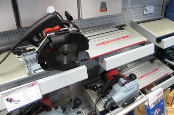 Here are a couple of Mafell circular saws that attach to a cross-cutting rail that allows carpenters to cut precise angles one-handed.