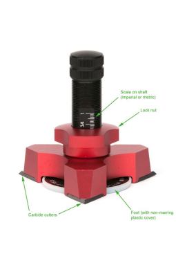 The three replaceable carbide cutters can be rotated to a fresh edge and replaced when all edges are dull. The width of the scribe is set by turning the threaded shaft and raising or lowering the cutters in relation to the foot--shown here with a non-marring cover attached. A lock nut retains the setting.