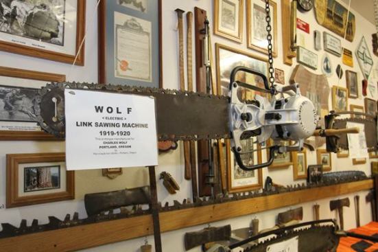 Early chainsaws were frequently electric because electric motors were lighter and more reliable than the gasoline motors of the day. Look closely and you’ll see that the teeth on the chain are nothing like the teeth we use now; they look more like the teeth on an old-fashioned (hand-operated) crosscut saw.