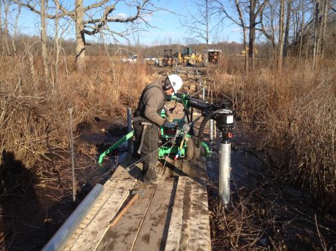 Helical piles were used to support the boardwalk framing in the sensitive wetlands. They were installed by Techno Metal Post of Albany.