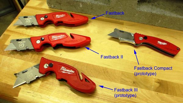 New Fastback knives (prototypes). The Fastback II Flip Utility Knife holds one blade and has room to store a single spare. No thicker than its predecessor, the Fastback III shown here holds one blade and has room for four spares. The redesigned grip has smoother rounder edges and there is the option to lock the blade at the usual 90 degrees or 45 degrees—for better ergonomics during certain types of cuts. The Fastback Compact is a smaller utility knife that takes a standard blade but is small enough to fit in a pocket. Note: the new models shown here are prototypes so the color is off and they look kind of rough. 
Click here for video. Available: Spring 2016.