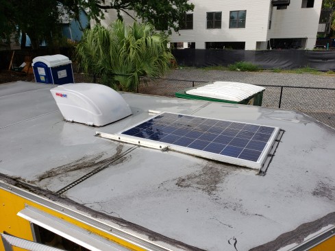 To further help with charging the deep cycle battery, I installed a 100-watt solar panel on the roof.