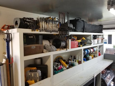 Did I mention I can see everything? I know when stuff is missing or needs to be put back. Also, the trailer is plumbed for air and wired for shore or battery power so when I plug the trailer in, everything inside—chargers, tools, etc—is energized all at once. The extra 6-inches of ceiling height pays off just in clamp storage and clearance under the LED lights.
