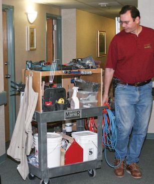 To work more efficiently, the crew used compact job carts customized for specific tasks, including a modified Sears service cart for demo, patching, and painting.