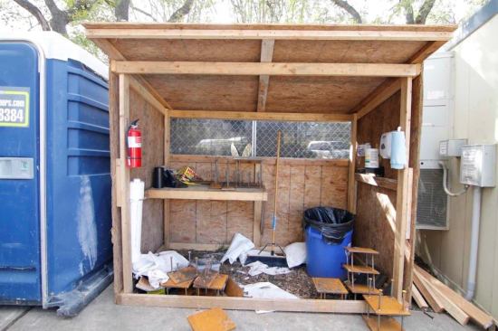 A small, dry area near our job office makes a great spot for supplies, first-aid kits, a fire extinguisher, hand sanitizer, and the like.