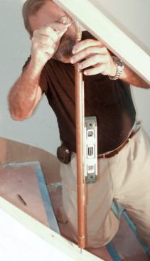 To project plumb points from the floor layout to the handrail, I use pointed tops and bottoms.