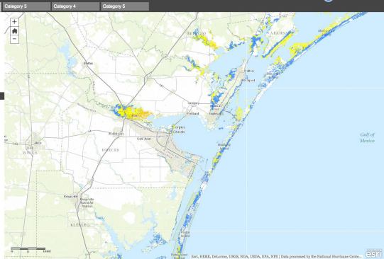 A view of the Category 2 pane in the NHC interactive map shows a relatively moderate storm surge flood risk to Corpus Christi and surrounding areas. However, even a storm surge of less than three feet (indicated by blue on the map) poses a risk to life and to buildings.